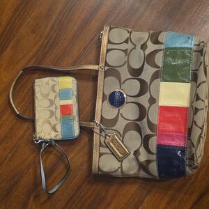 Coach Sig Monogram Colorblock Tiles Bag + Matching wristlet